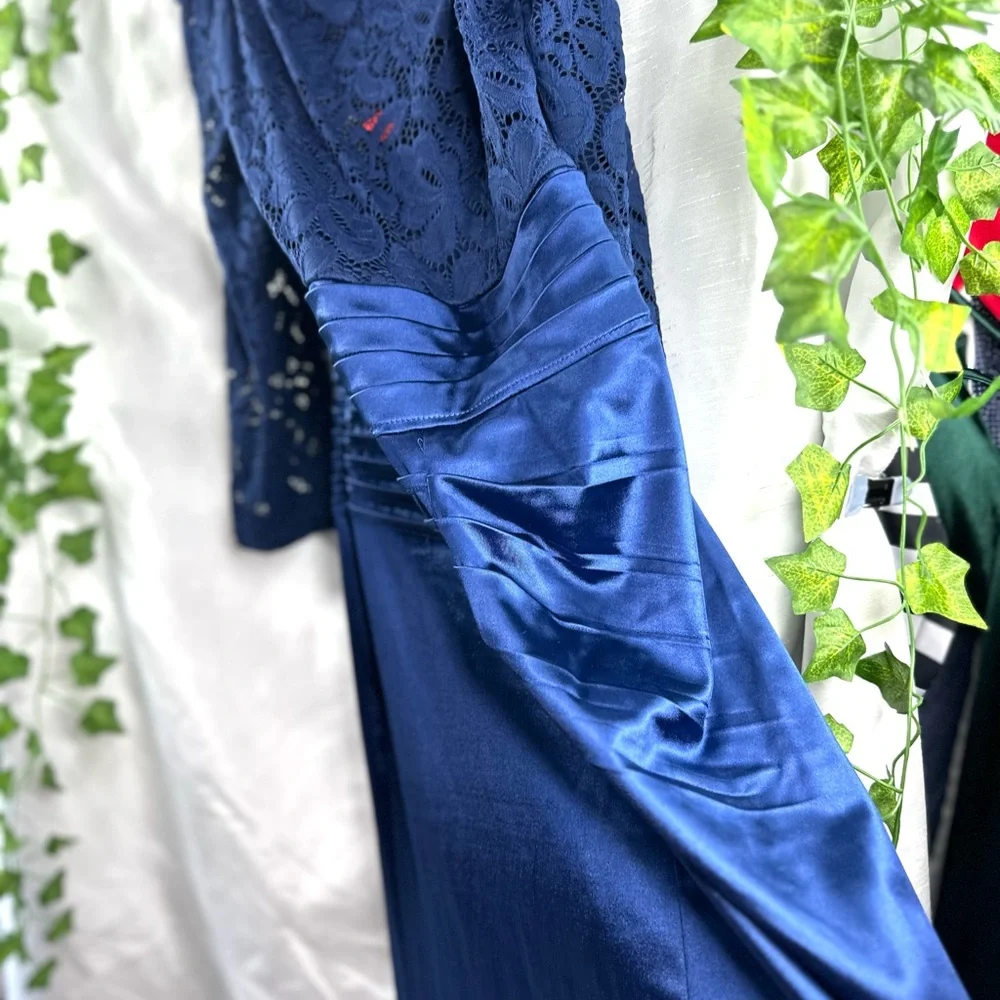 NWT Miusol Womens Lace Bodice Satin Ruched Mermaid Evening Dress Navy Blue Large - Picture 12 of 12